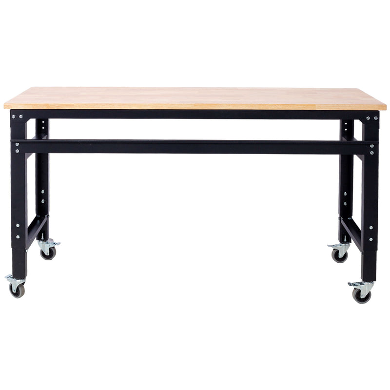 Wide Rolling Workbench For Garage, Adjustable Height, Workshop Tool Bench, Metal With Rubber Wood Top