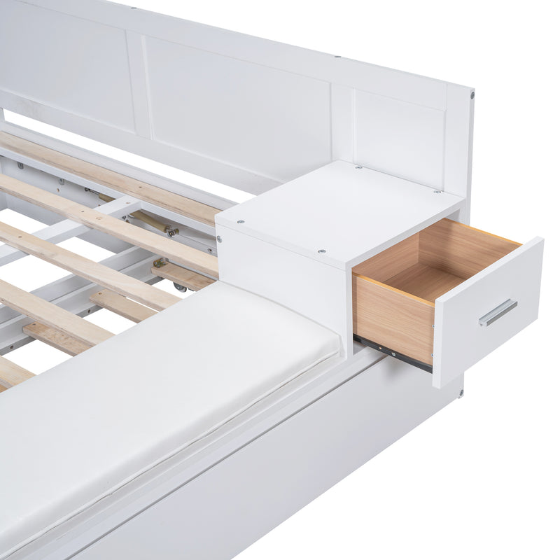 Full Size Wood Storage Hydraulic Platform Bed with Twin Size Trundle, Side Table and Lounge, White