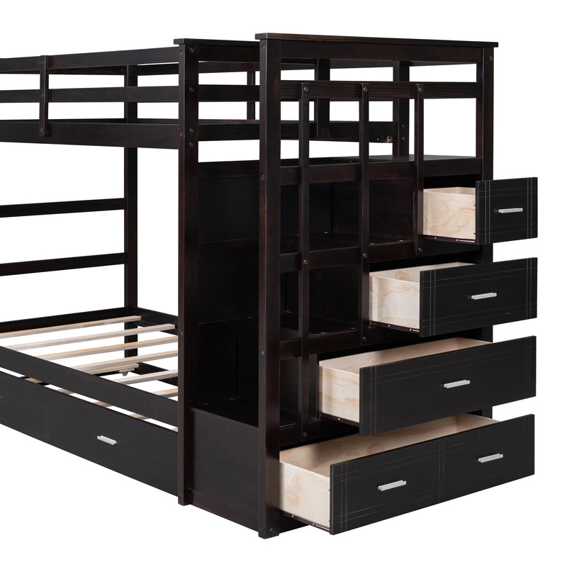 Twin Over Twin Bunk Bed with Trundle and Staircase,Espresso(OLD SKU:LT000068AAP)