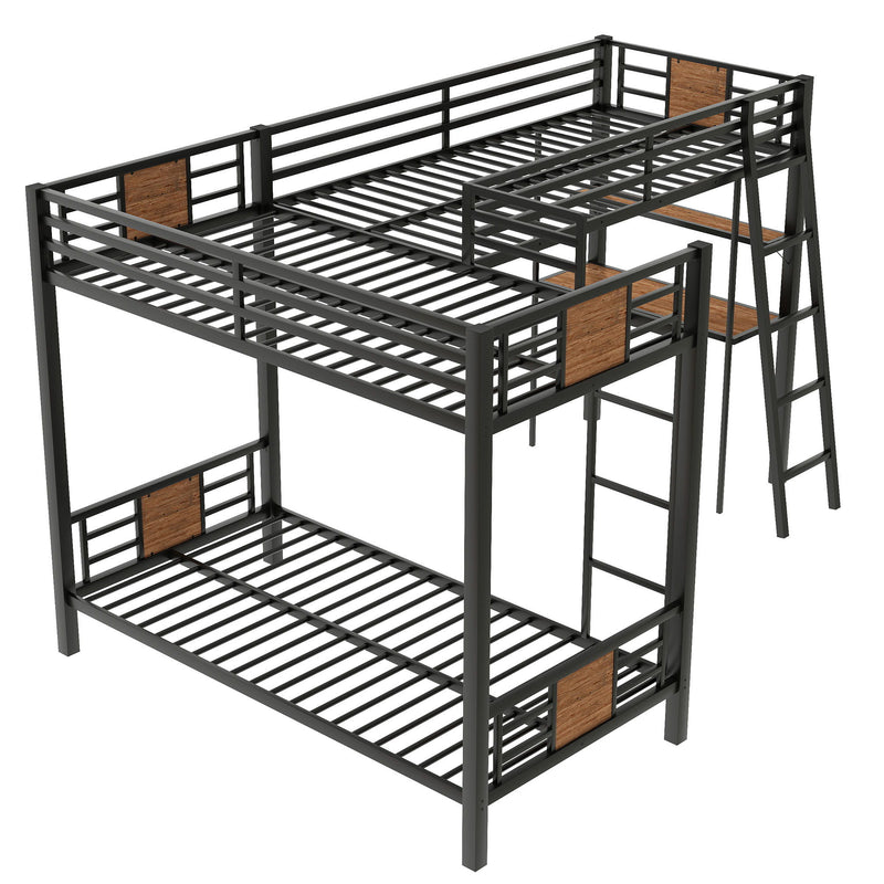 L-Shaped Twin Over Twin Bunk Bed With Twin Size Loft Bed With Desk And Shelf - Brown