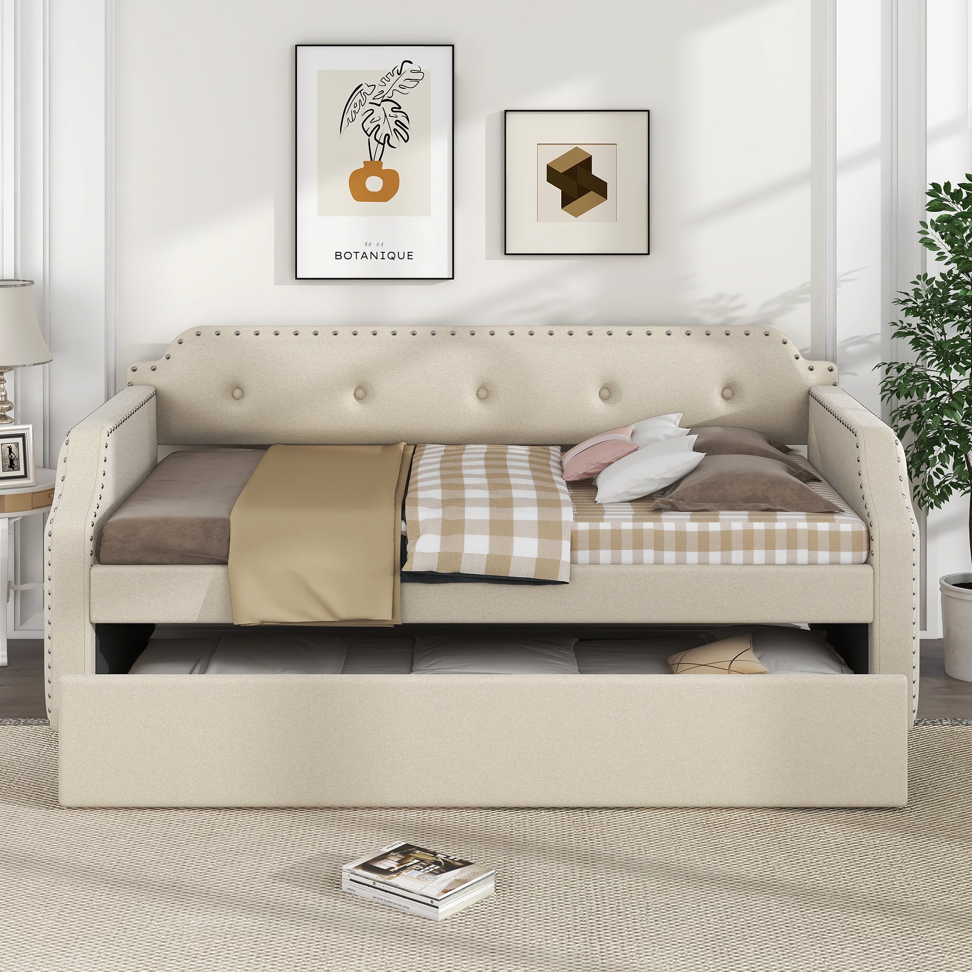 Upholstered Daybed with Trundle, Wood Slat Support,Upholstered Frame Sofa Bed, Twin, Beige - Atlantic Fine Furniture Melbourne FL