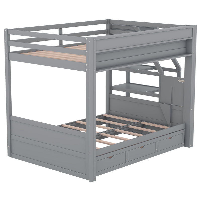 Wood Full Size Convertible Bunk Bed With Storage Staircase, Bedside Table, And 3 Drawers - Gray