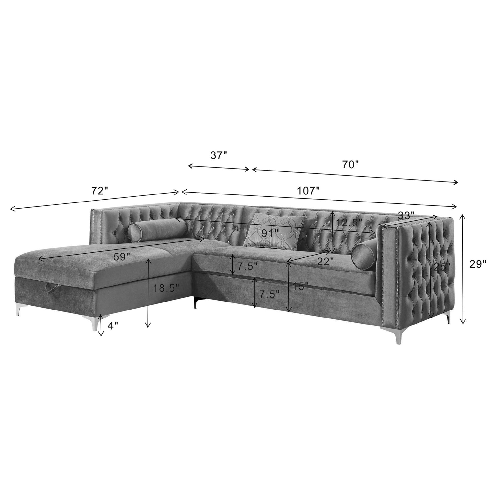 Bellaire Upholstered Storage Chaise Sectional Sofa Grey