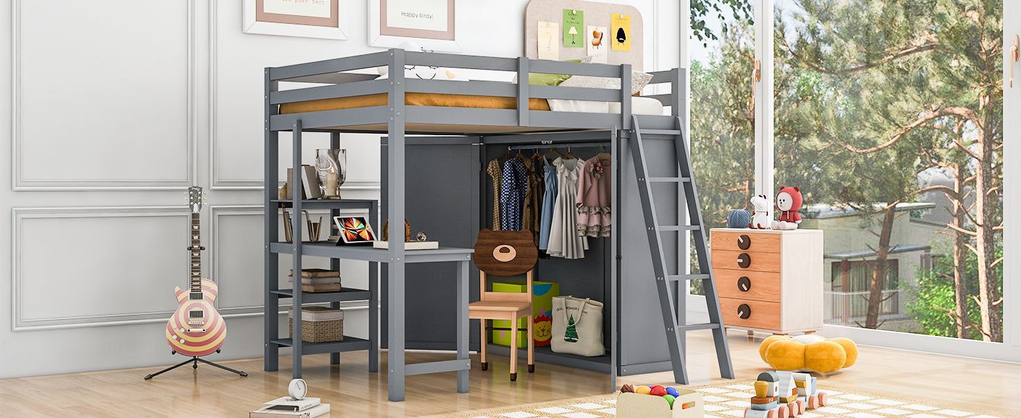 Full Size Loft Bed with Wardrobe and Desk and Shelves, Gray - Atlantic Fine Furniture Melbourne FL