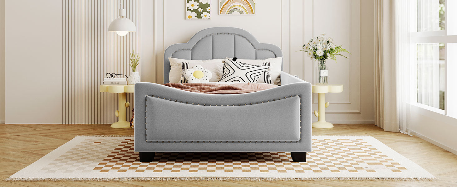 Twin Size Upholstered Daybed with Cloud Shaped Headboard, Embedded Elegant Copper Nail Design, Gray - Atlantic Fine Furniture Melbourne FL