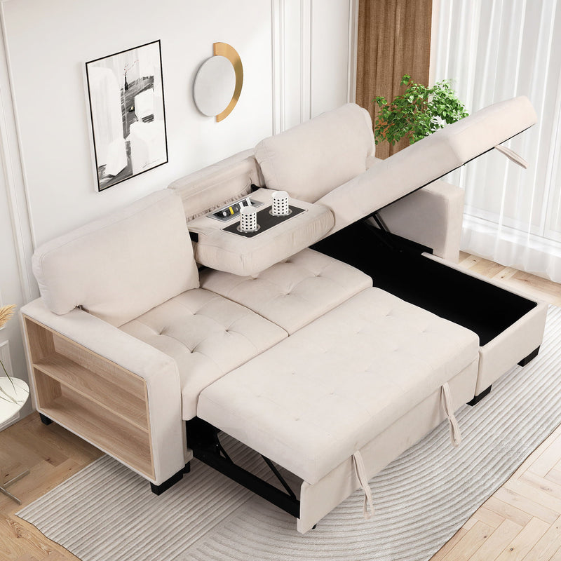 Stylish And Functional Light Chaise Lounge Sectional With Storage Rack Pull-Out Bed Drop Down Table And USB Charger