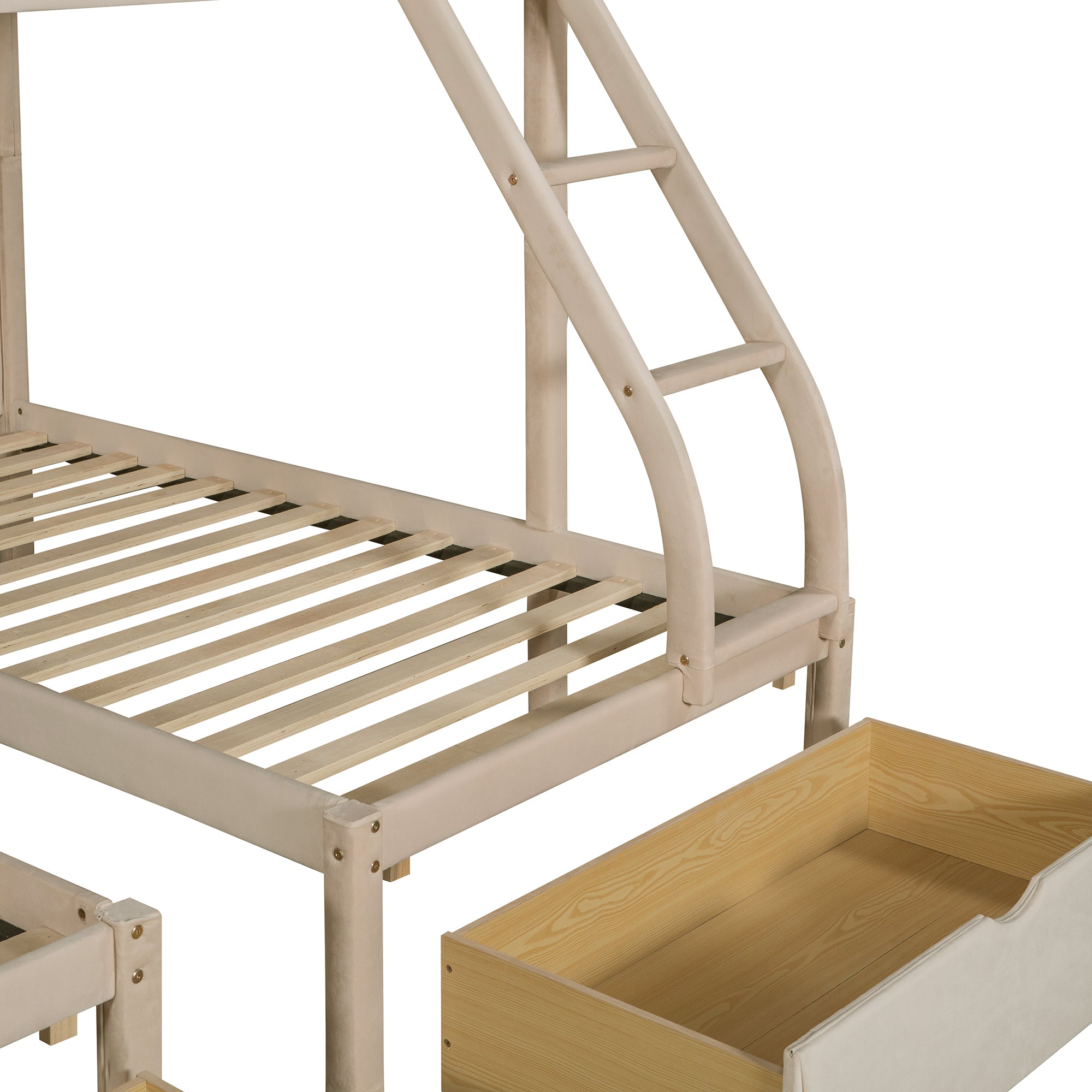 Full Over Twin & Twin Bunk Bed, Velvet Triple Bunk Bed with Drawers and Guardrails, Beige - Atlantic Fine Furniture Melbourne FL