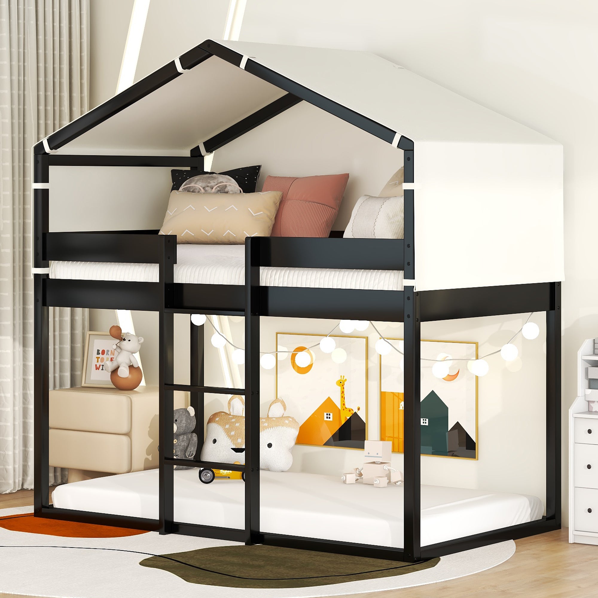 Twin Over Twin Bunk Bed Wood Bed with Tent, Espresso - Atlantic Fine Furniture Melbourne FL