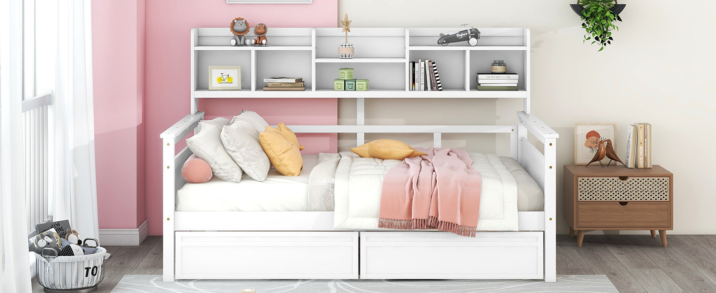 Full size Daybed, Wood Slat Support, with Bedside Shelf and Two Drawers, White - Atlantic Fine Furniture Melbourne FL
