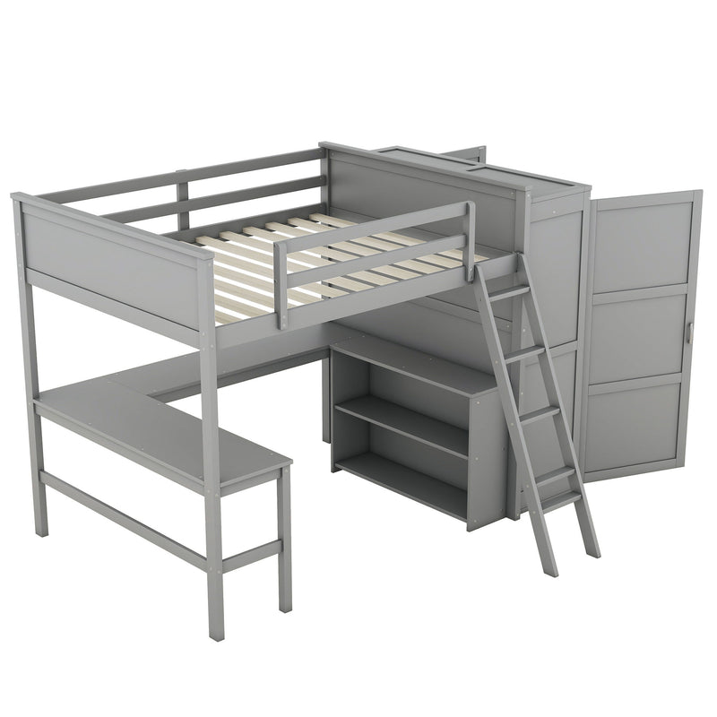 Full Size Loft Bed With Desk, Shelves And Wardrobe - Gray