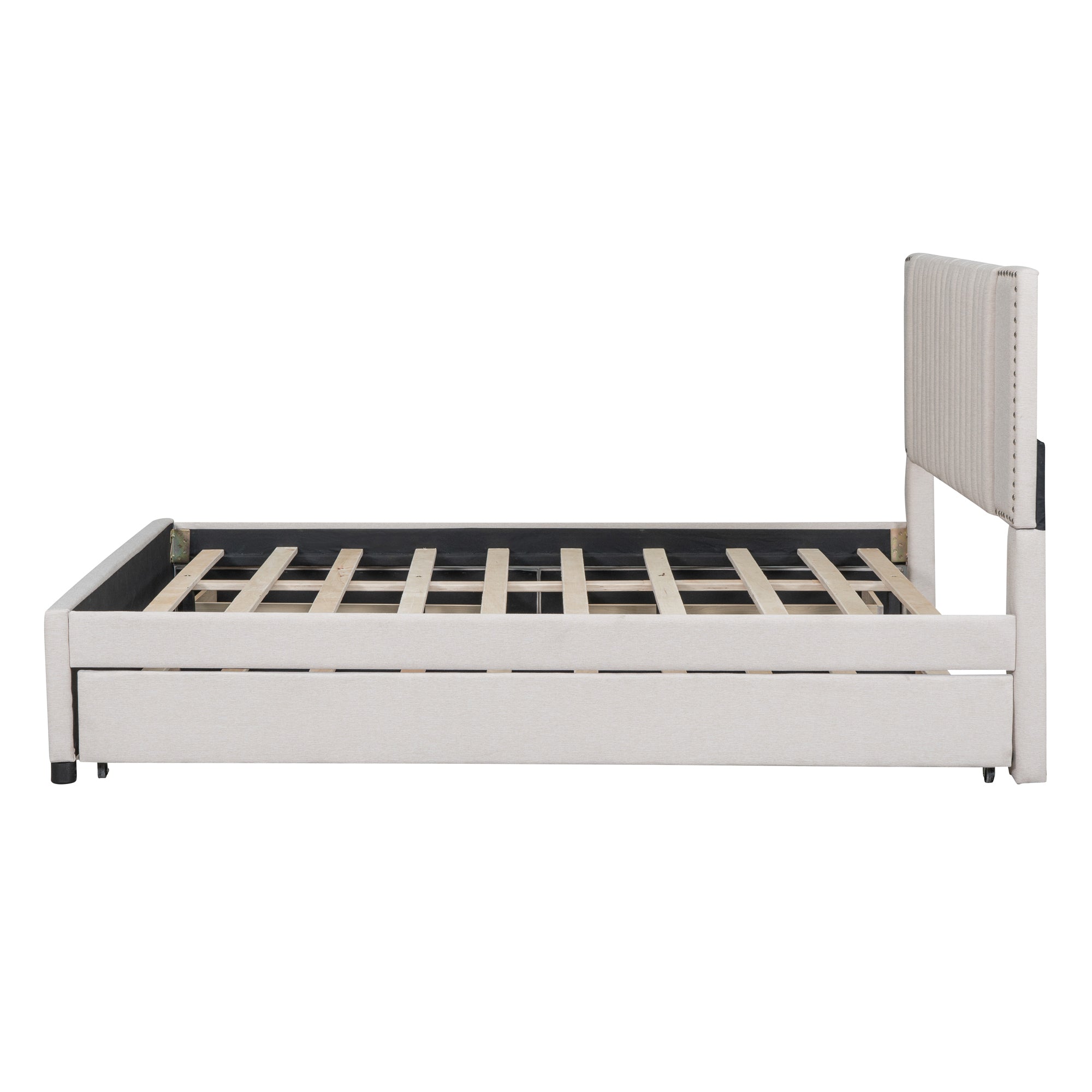 Queen Size Upholstered Platform Bed with 2 Drawers and 1 Twin XL Trundle, Classic Headboard Design, Beige - Atlantic Fine Furniture Melbourne FL