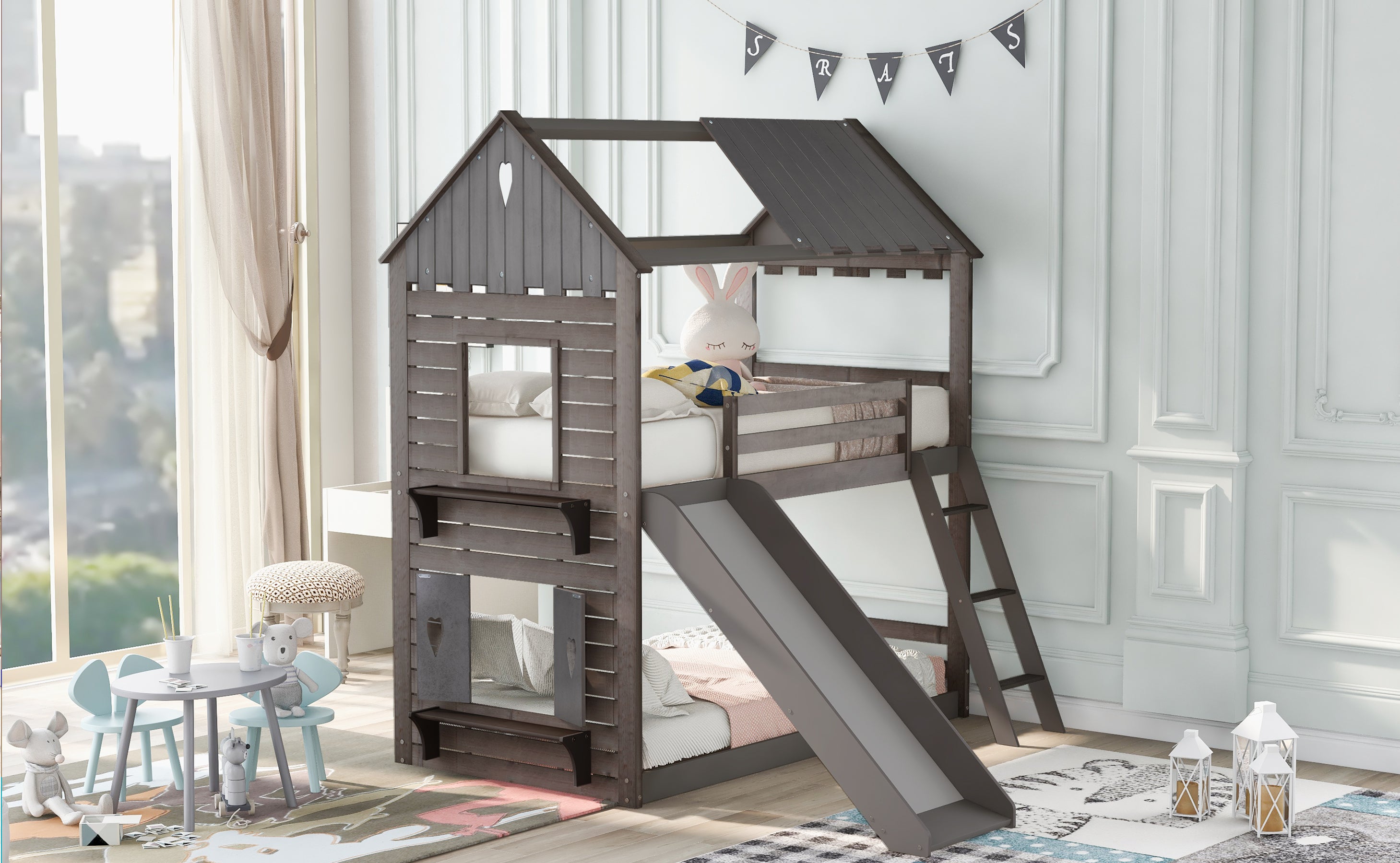 Twin Over Twin Bunk Bed Wood Bed with Roof, Window, Slide, Ladder ,Antique Gray(OLD SKU:LP000059AAE) - Atlantic Fine Furniture Melbourne FL