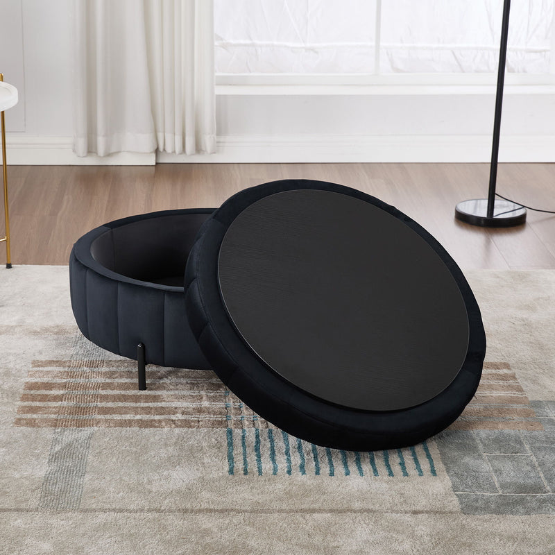 Upholstered Round Ottoman With Reversible Lid, Channel Tufted Pumpkin Shape