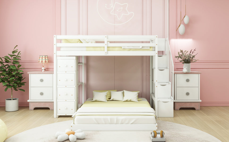 Twin Over Full Bunk Bed with 3-layer Shelves, Drawers and Storage Stairs, White - Atlantic Fine Furniture Melbourne FL