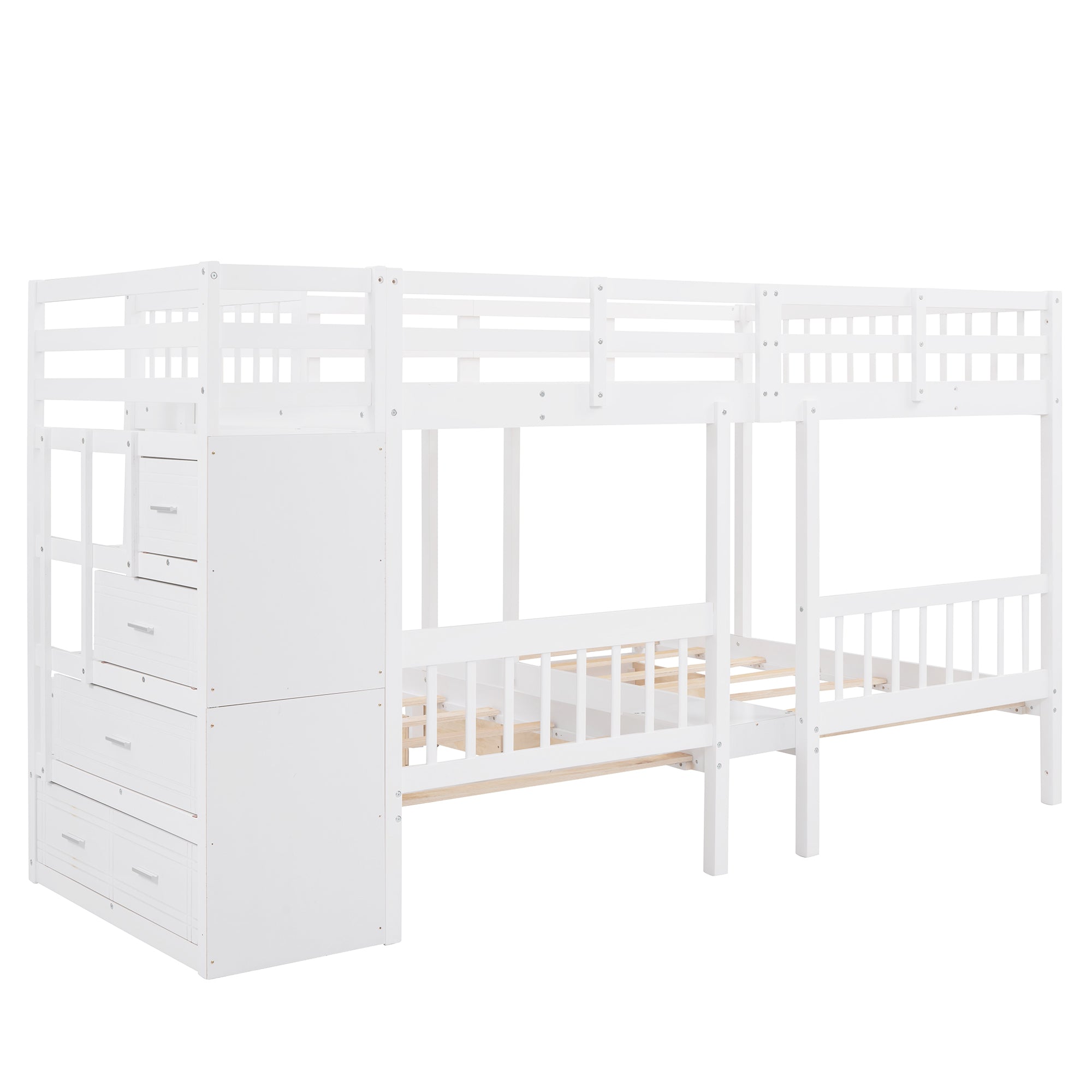 Full Over Twin & Twin Bunk Bed, Wood Triple Bunk Bed with Drawers and Guardrails (White) - Atlantic Fine Furniture Melbourne FL