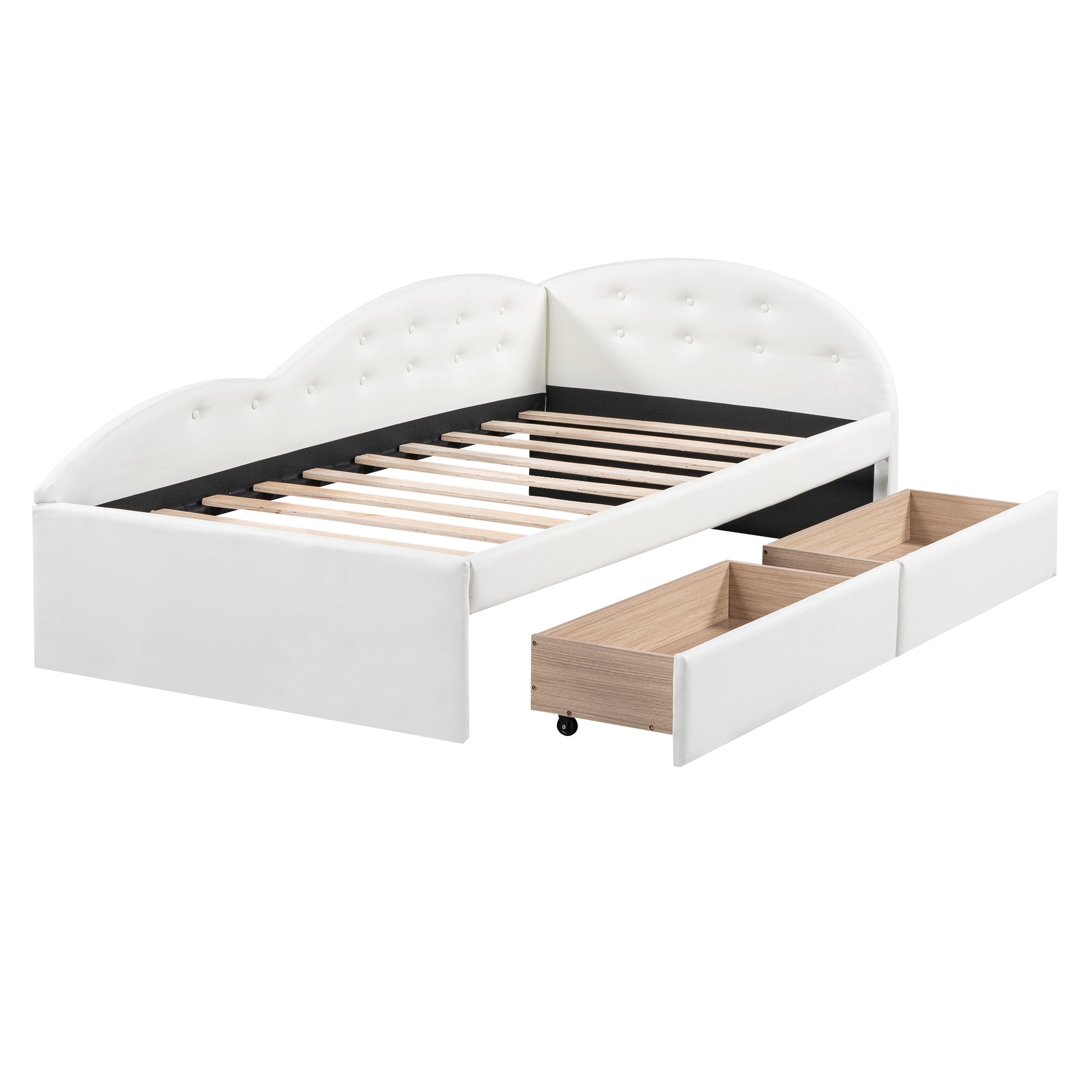Twin Size PU Upholstered Tufted Daybed with Two Drawers and Cloud Shaped Guardrail, White - Atlantic Fine Furniture Melbourne FL