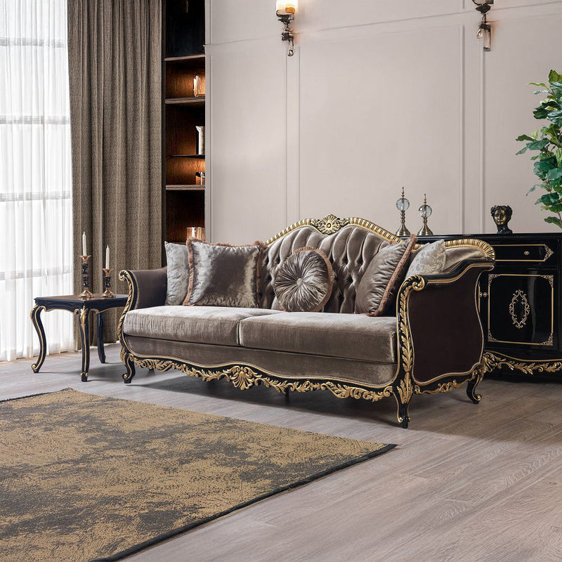 Betria - Sofa With 5 Pillows - Light Green Velvet, Gold & Black High Gloss