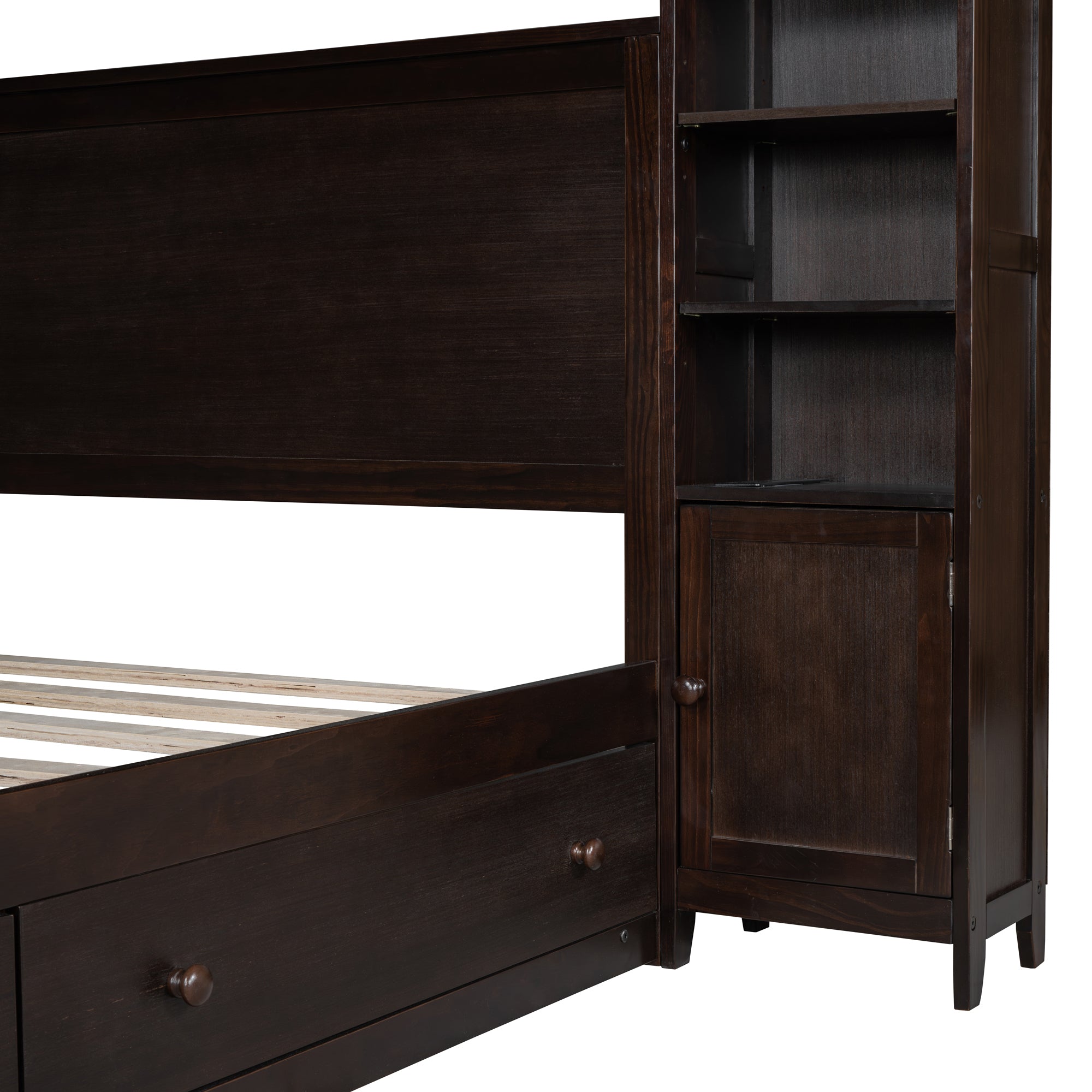 Queen Size Wooden Bed With All-in-One Cabinet, Shelf and Sockets, Espresso - Atlantic Fine Furniture Melbourne FL