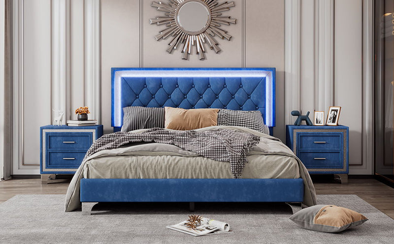 3 Piece Bedroom Sets, Queen Size Upholstered Platform Bed With LED Lights And Two Nightstands - Blue