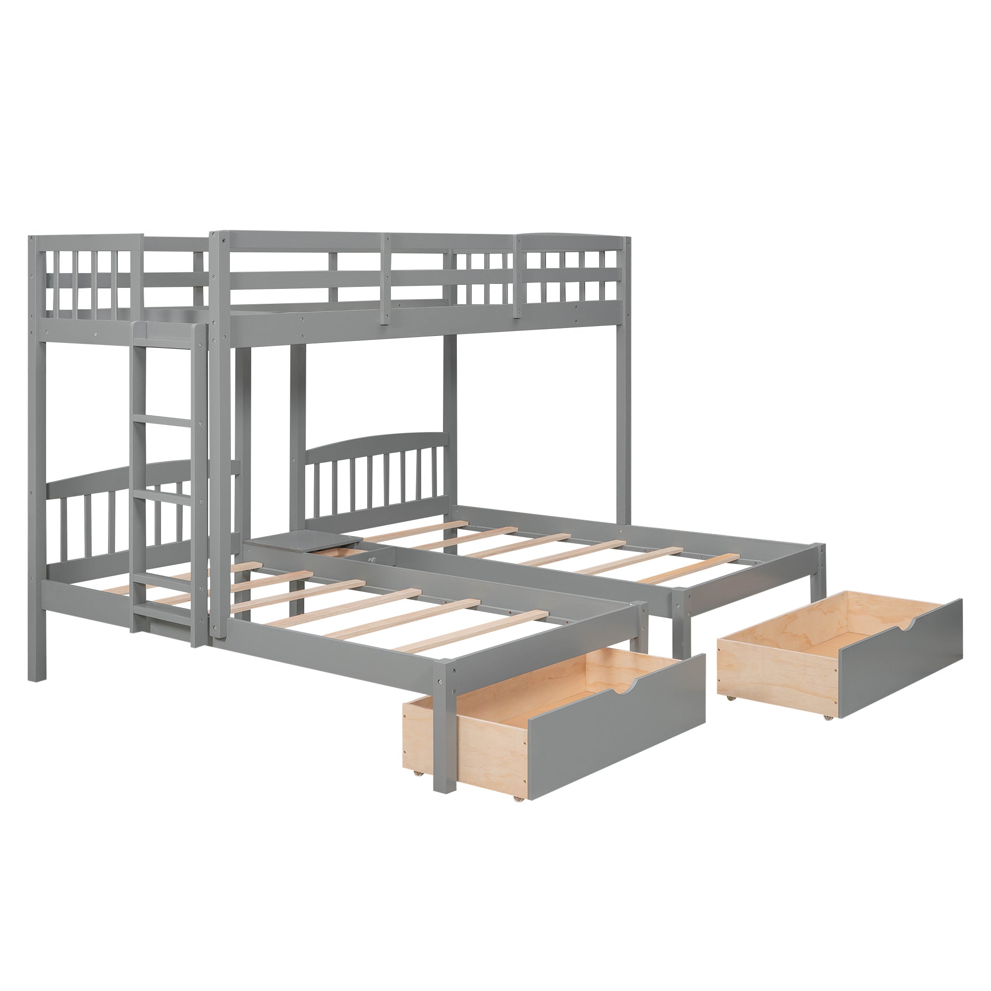 Twin over Twin & Twin Bunk Bed with Two Drawers and Built-in Middle Drawer, Gray - Atlantic Fine Furniture Melbourne FL