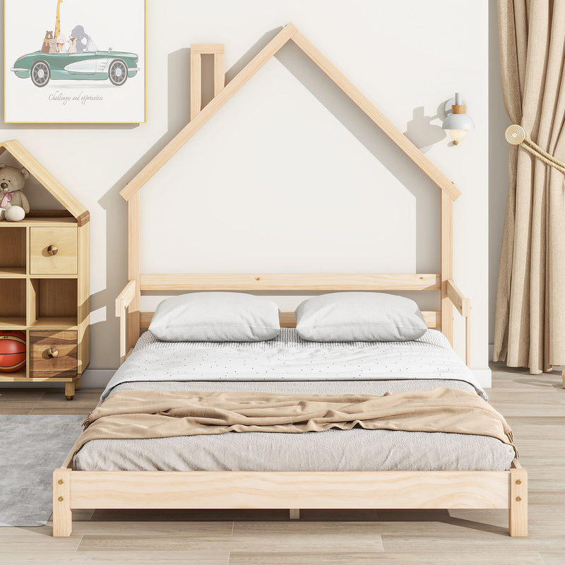 House-Shaped Headboard Bed With Handrails, Slats