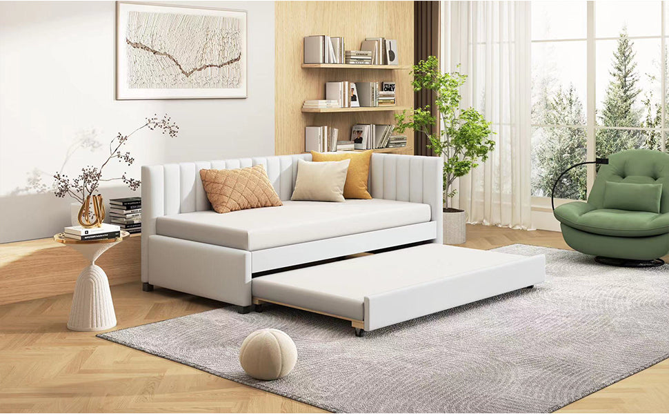 Upholstered Daybed with Trundle Twin Size Sofa Bed Frame No Box Spring Needed, Linen Fabric(Beige) - Atlantic Fine Furniture Melbourne FL