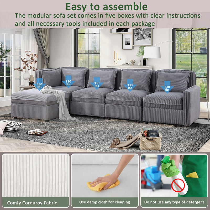 Modular Corduroy Sectional Sofa, Convertible L Shaped Couch Sofa with Storage,  5 Seat Sofa Couch for Living Room, Dark Gray