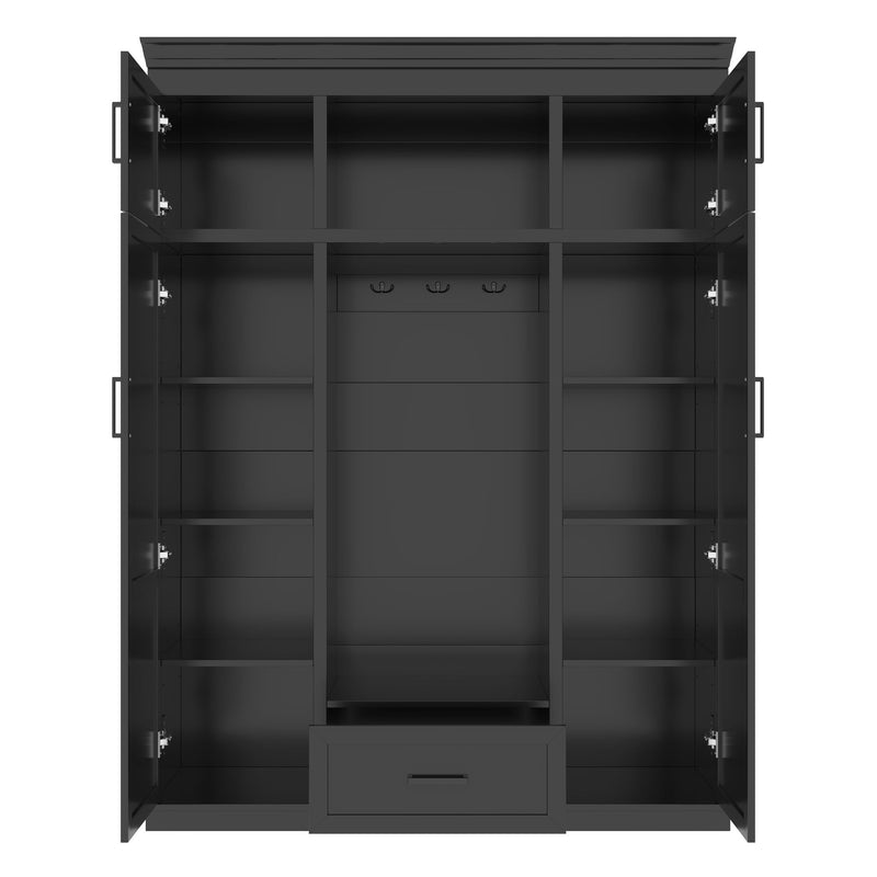 Hall Tree With Bench And 3 Hooks, Modern Entryway Storage Organizer Cabinet With 4 Doors, 1 Drawer And Adjustable Shelves
