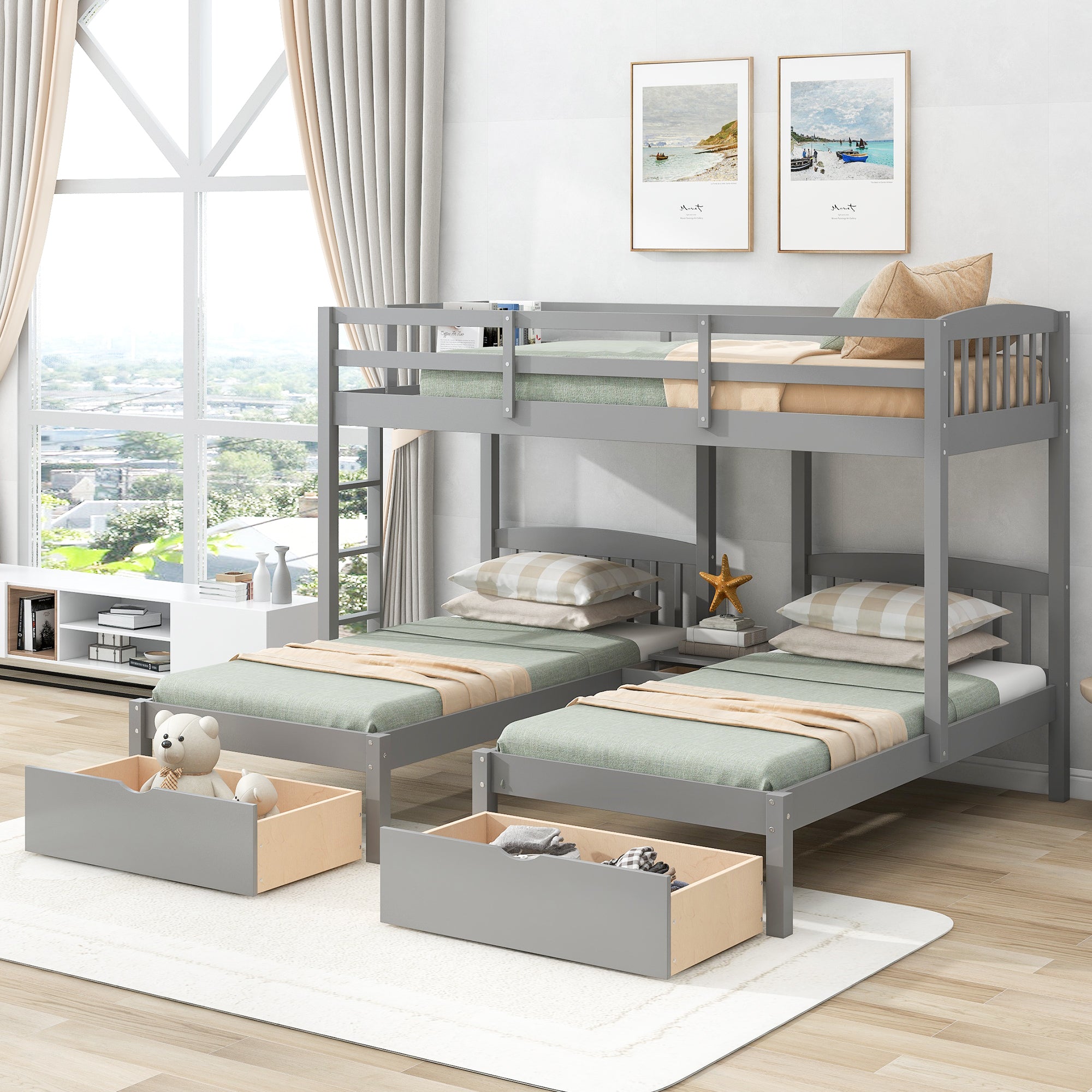 Twin over Twin & Twin Bunk Bed with Two Drawers and Built-in Middle Drawer, Gray - Atlantic Fine Furniture Melbourne FL