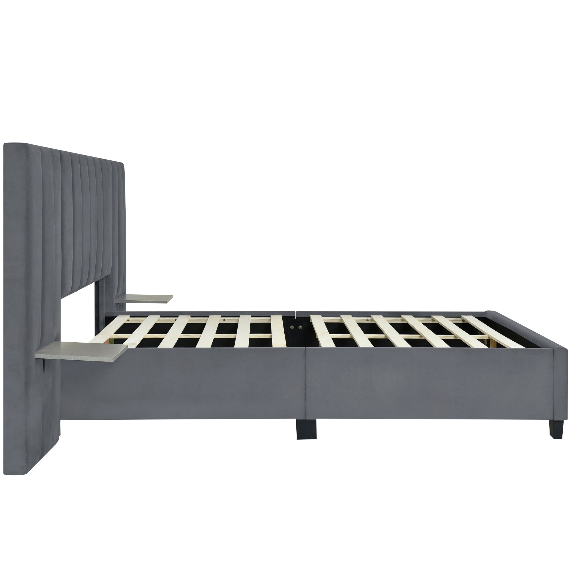 Queen Size Upholstered Platform Bed with Big Headboard, Bedroom Furniture, Velvet, Gray - Atlantic Fine Furniture Melbourne FL