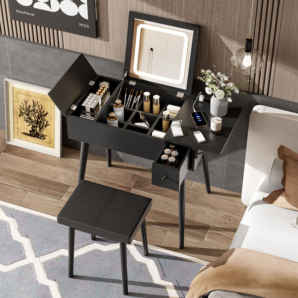 Makeup Vanity Desk With Flip Top Mirror And LED Light, Dressing Table With Charging Station, 2 Drawers And Fold Up Panel, Vanity Set With Cushioned Stool For Bedroom - Black