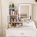 LED Vanity Mirror With Stool, 2 Drawers & 5 Storage Cabinets, Adjustable Lighting Mdf Dressing Table For Bedroom - White
