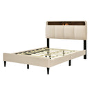 Full size Upholstered Platform Bed with Storage Headboard, Sensor Light and a set of Sockets and USB Ports, Linen Fabric, Beige