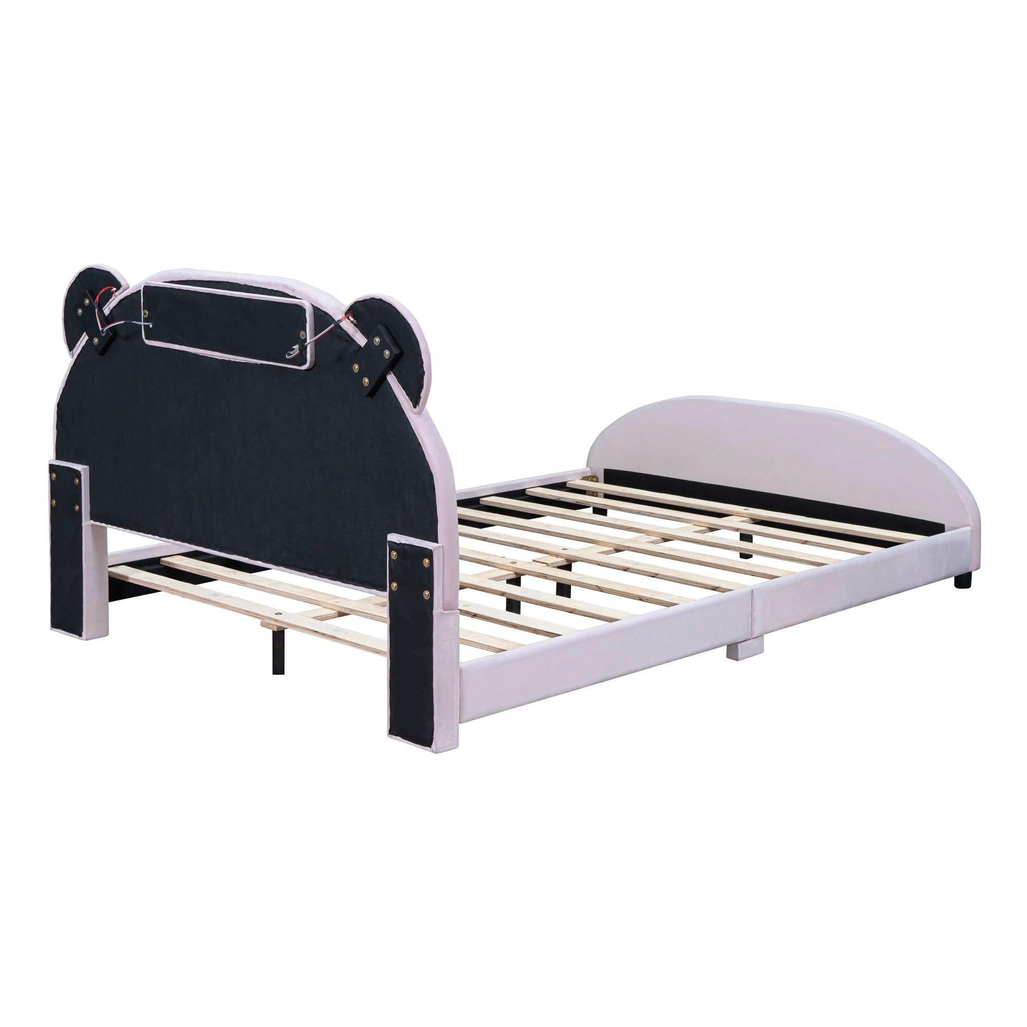Full Size Upholstered Platform Bed with Bear-Shaped Headboard and Embedded Light Stripe, Velvet, Pink - Atlantic Fine Furniture Melbourne FL