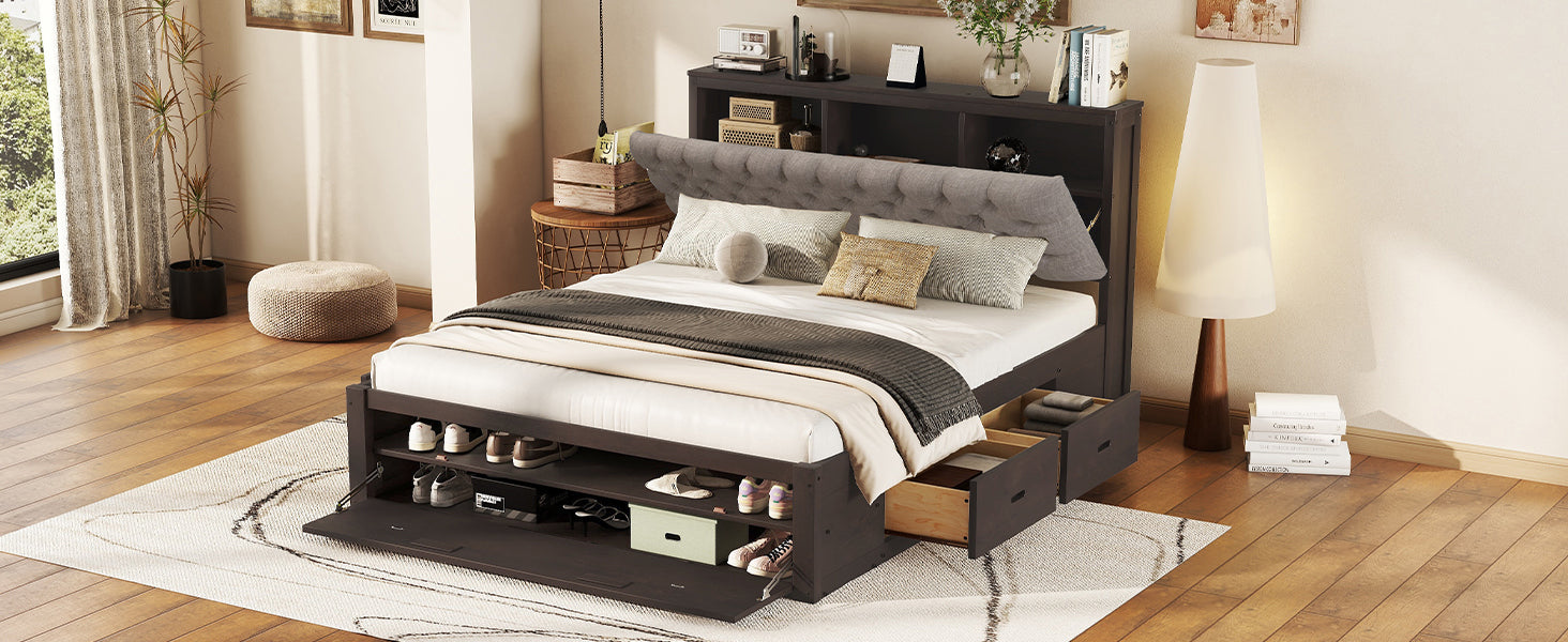 Wood Queen Size Platform Bed with Storage Headboard, shoe rack and 4 drawers,Espresso - Atlantic Fine Furniture Melbourne FL