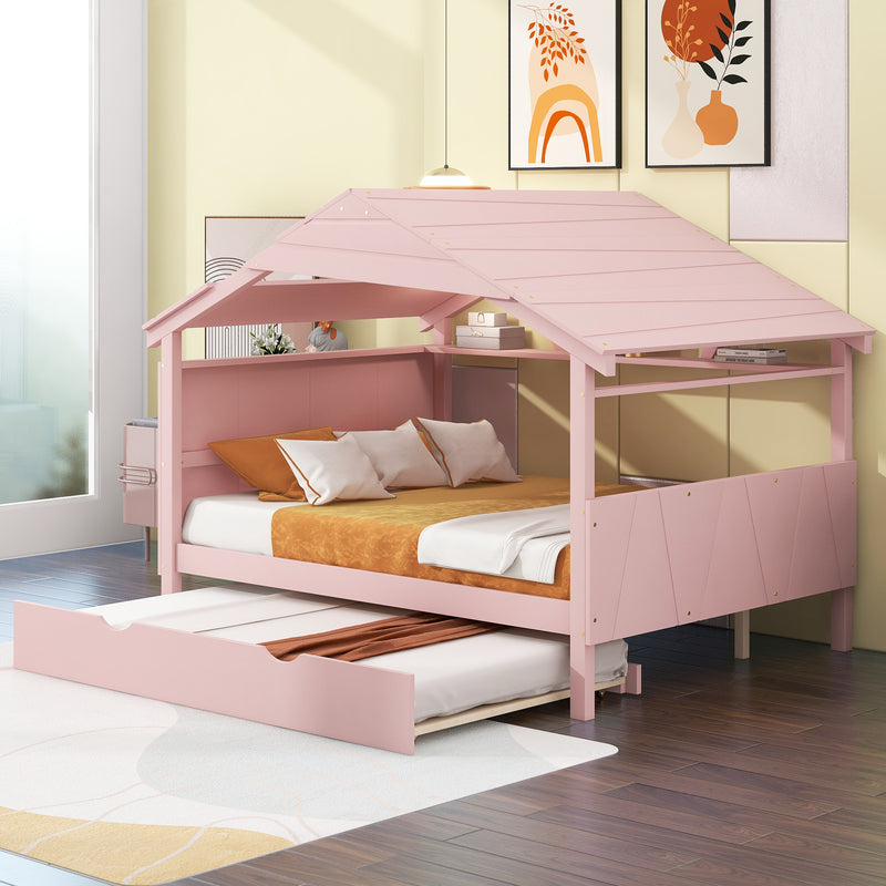 Wood Full Size House Bed with Twin Size Trundle and Storage, Pink