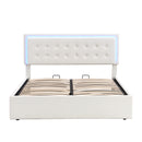 Queen Size Tufted Upholstered Platform Bed with Hydraulic Storage System,PU Storage Bed with LED Lights,White