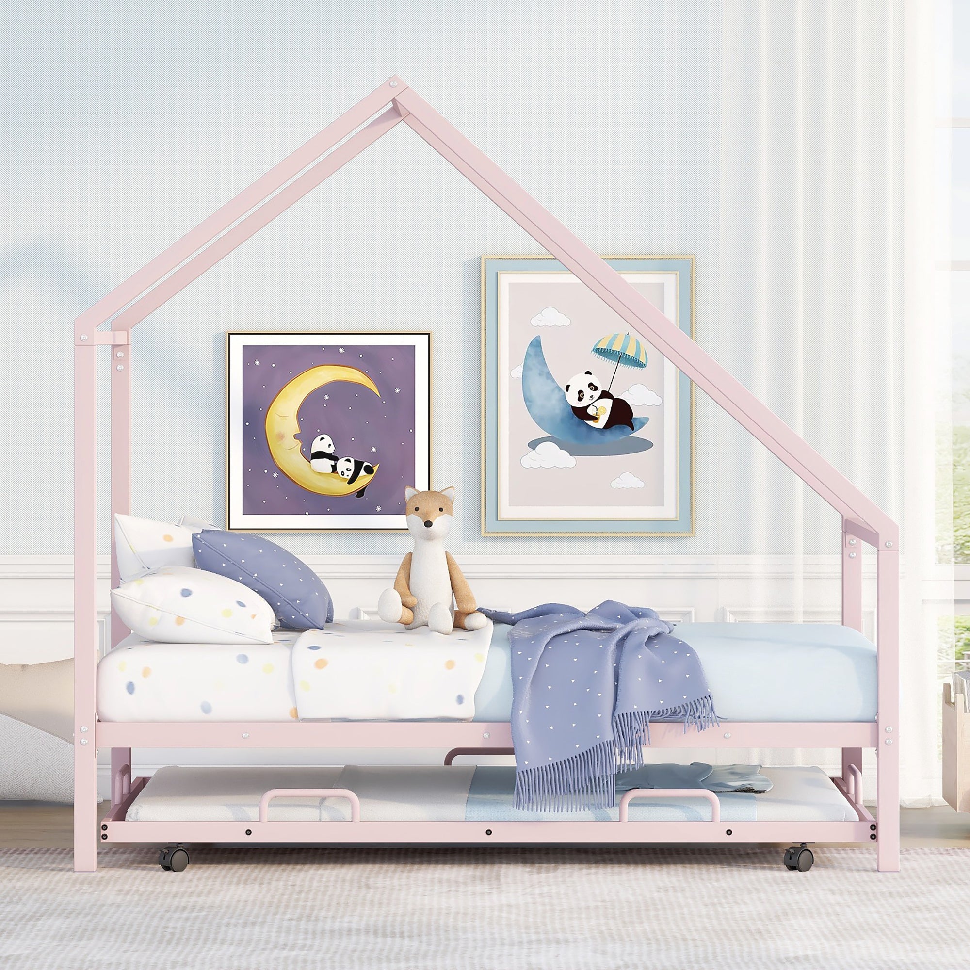 Metal House Bed With Trundle, Twin Size House Bed Pink - Atlantic Fine Furniture Melbourne FL