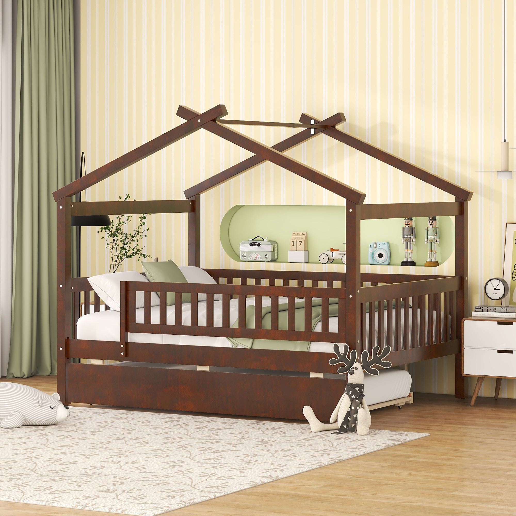 Full Size Wooden House Bed with Twin Size Trundle, Walnut - Atlantic Fine Furniture Melbourne FL