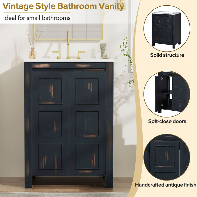 Vintage Style Small Bathroom Vanity Combo With Ceramic Sink, 2 Soft-Close Doors - Espresso