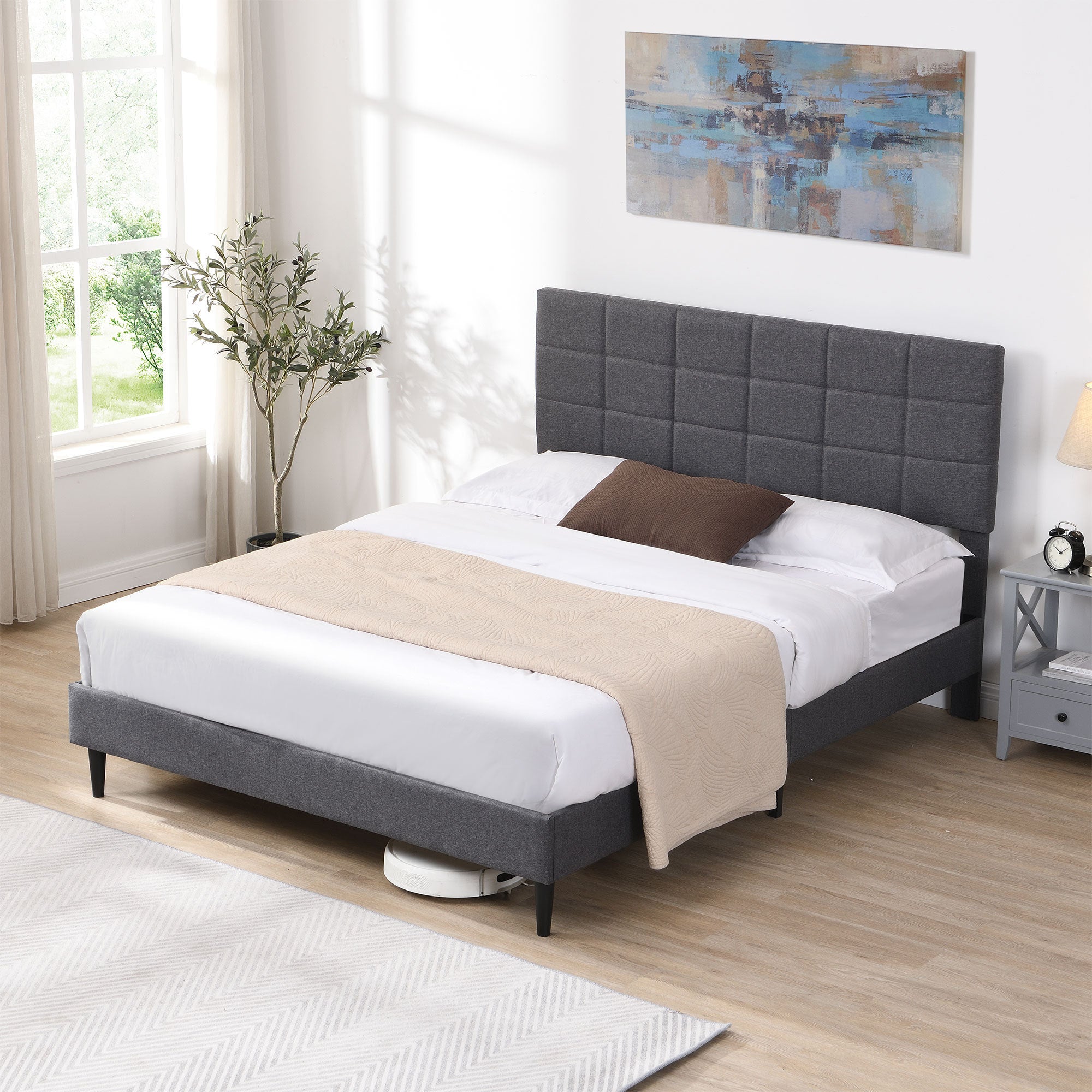Full Size Platform Bed Frame with Fabric Upholstered Headboard and Wooden Slats, No Box Spring Needed/Easy Assembly, Grey - Atlantic Fine Furniture Melbourne FL