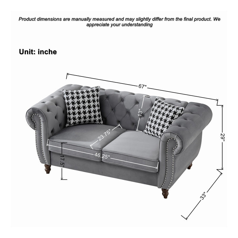 Chesterfield Velvet Upholstery Fabric Loveseat With Roll Armrest And Nailhead