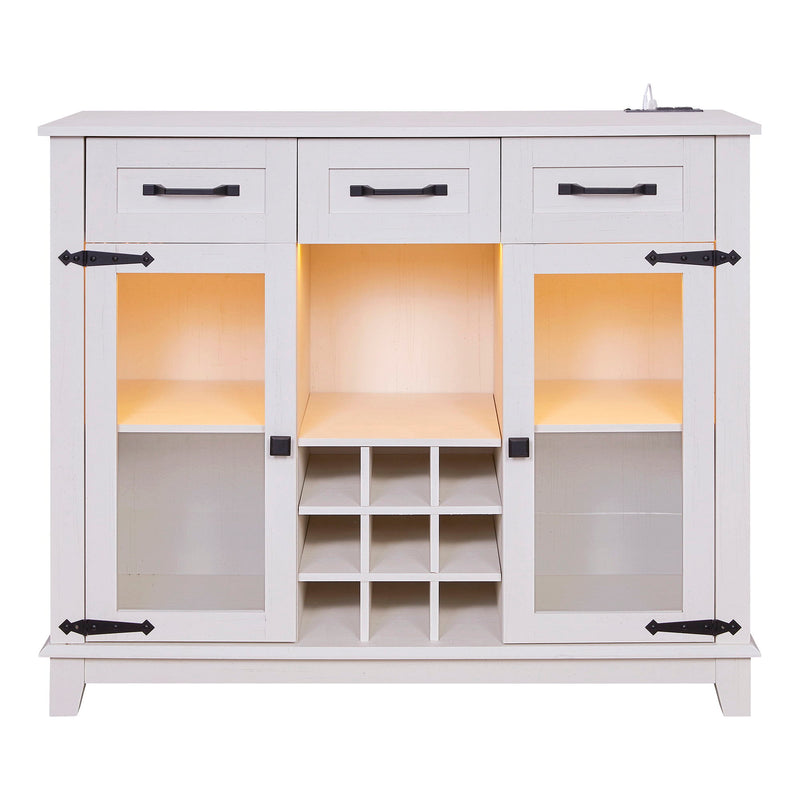 Modern Farmhouse Sideboard Buffet Coffee Bar Cabinet Storage Cabinet With LED Charging Station, Wine & Glass Rack, 3 Drawers, For Kitchen, Dining Room, Living Room - Antique White