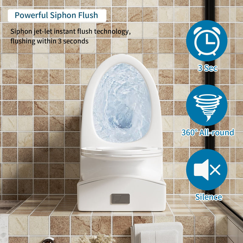 Elegant One Piece Toilet With Tornado Dual Flush, Siphonic S Trap 12", Soft Close Seat, Dual Flush, Ada Height, Glossy - Gloss White