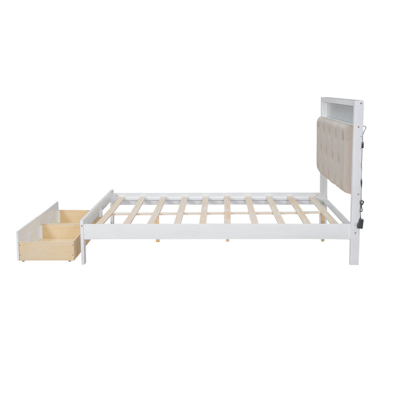 Elegant Wood Queen Size Platform Bed With Upholstered Headboard Led And Storage Drawers In Antique - Antique White