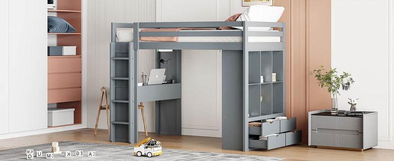 Twin Size Loft Bed with large shelves, writing desk and LED Light, Gray