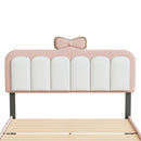 Full size Velvet Princess Bed With bow-knot Headboard,Full Size Platform Bed with Headboard and Footboard,White+Pink