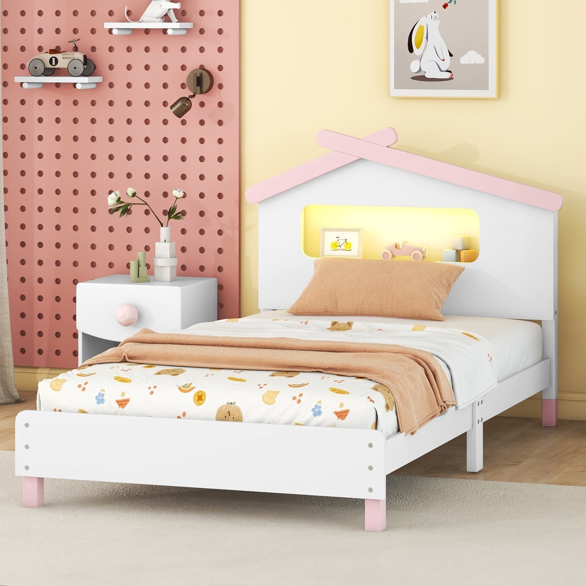 Twin Size Wood Platform Bed with House-shaped Headboard and Motion Activated Night Lights (White+Pink) - Atlantic Fine Furniture Melbourne FL