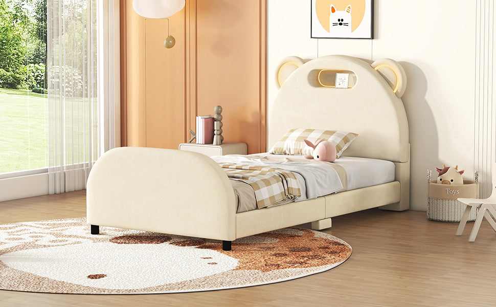 Twin Size Upholstered Platform Bed with Bear-Shaped Headboard and Embedded Light Stripe, Velvet, Beige - Atlantic Fine Furniture Melbourne FL
