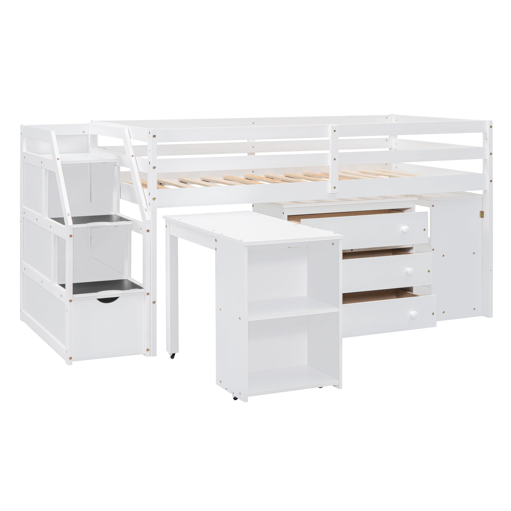 Twin Size Loft Bed with Retractable Writing Desk and 3 Drawers, Wooden Loft Bed with Storage Stairs and Shelves, White - Atlantic Fine Furniture Melbourne FL